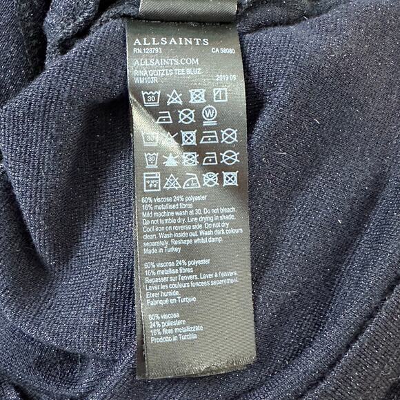 ALLSAINTS Rina Glitz Ruched Long Sleeve Sparkle Top, Navy Blue - Picture 12 of 13